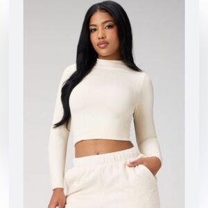 Fabletics Cream Long-Sleeve Cropped Mock Neck Top